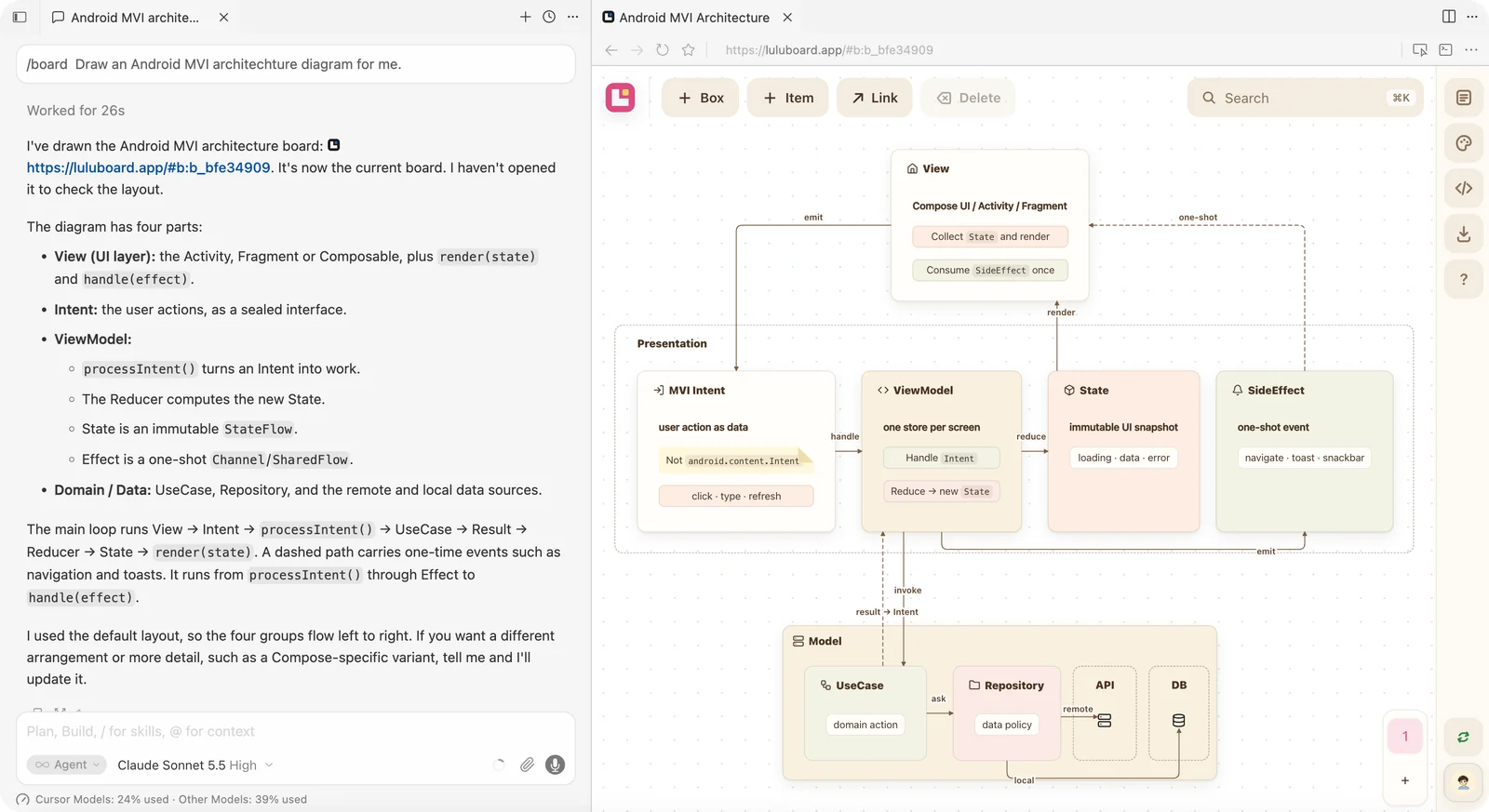 An agent chat on the left: /board, draw an Android MVI architecture diagram. On the right, the generated board with View, Presentation and Model layers.